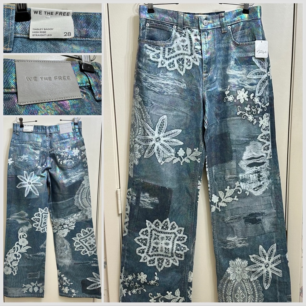 We The Free Iridescent Blue Floral Patchwork Jeans